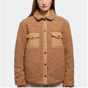 ONIA Tan Brown Teddy Fleece‎ Snap Front Jacket Women's Size Medium Cozy